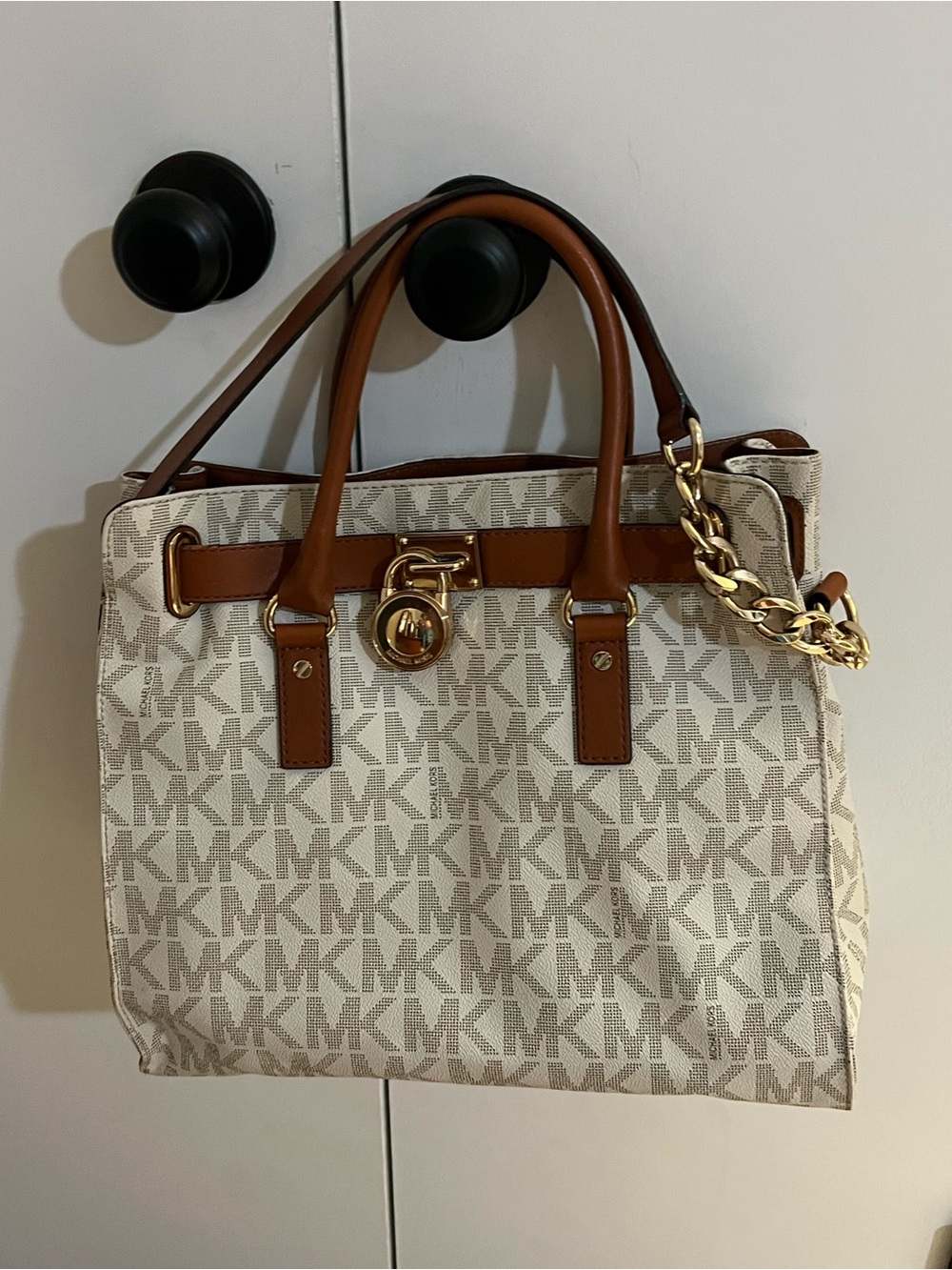 Michael Kors Cream MK Signature Satchel with Brown Trim and Gold Hardware